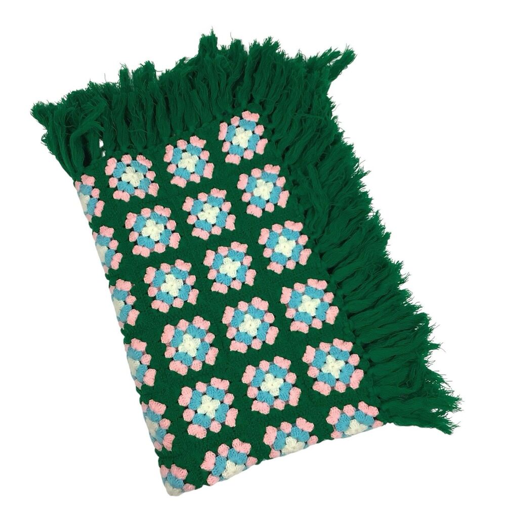 Crochet Afghan Blanket Throw Green Pink Blue Fringe Granny Square 56X40 Handmade